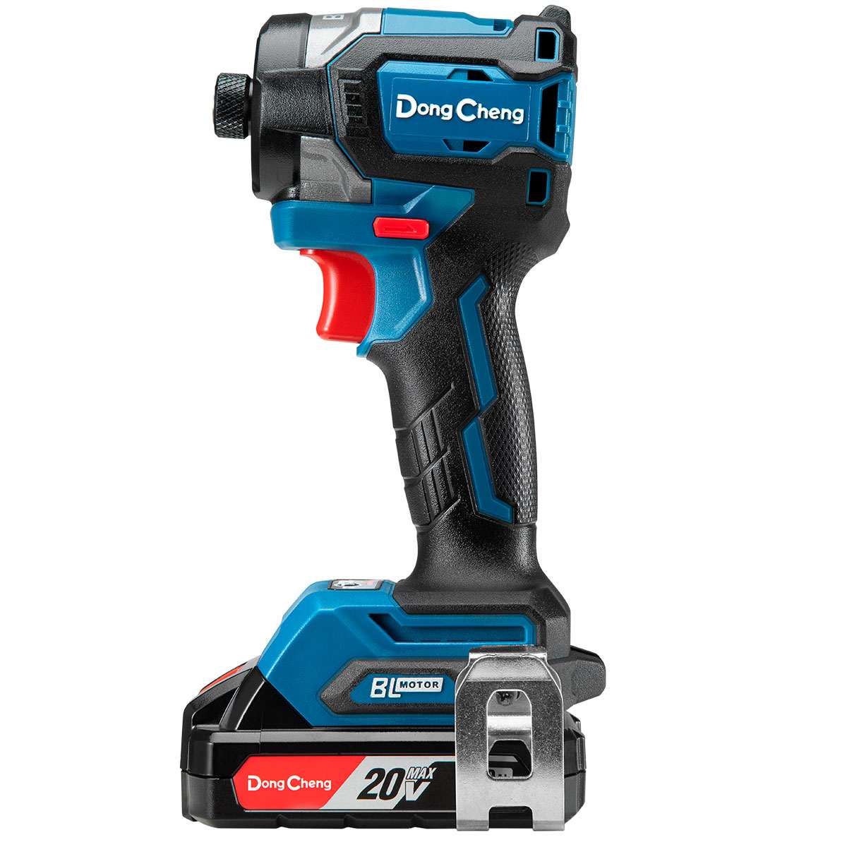 Atornillador de impacto inalámbrico Dong Cheng de 1/4"y 3200 RPM con batería de litio visible.