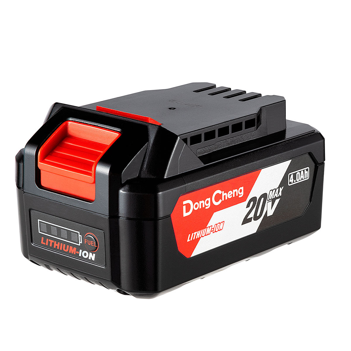 Batería compacta de iones de litio DongCheng 20V MAX de 4.0Ah, color negro con detalles en rojo y blanco.