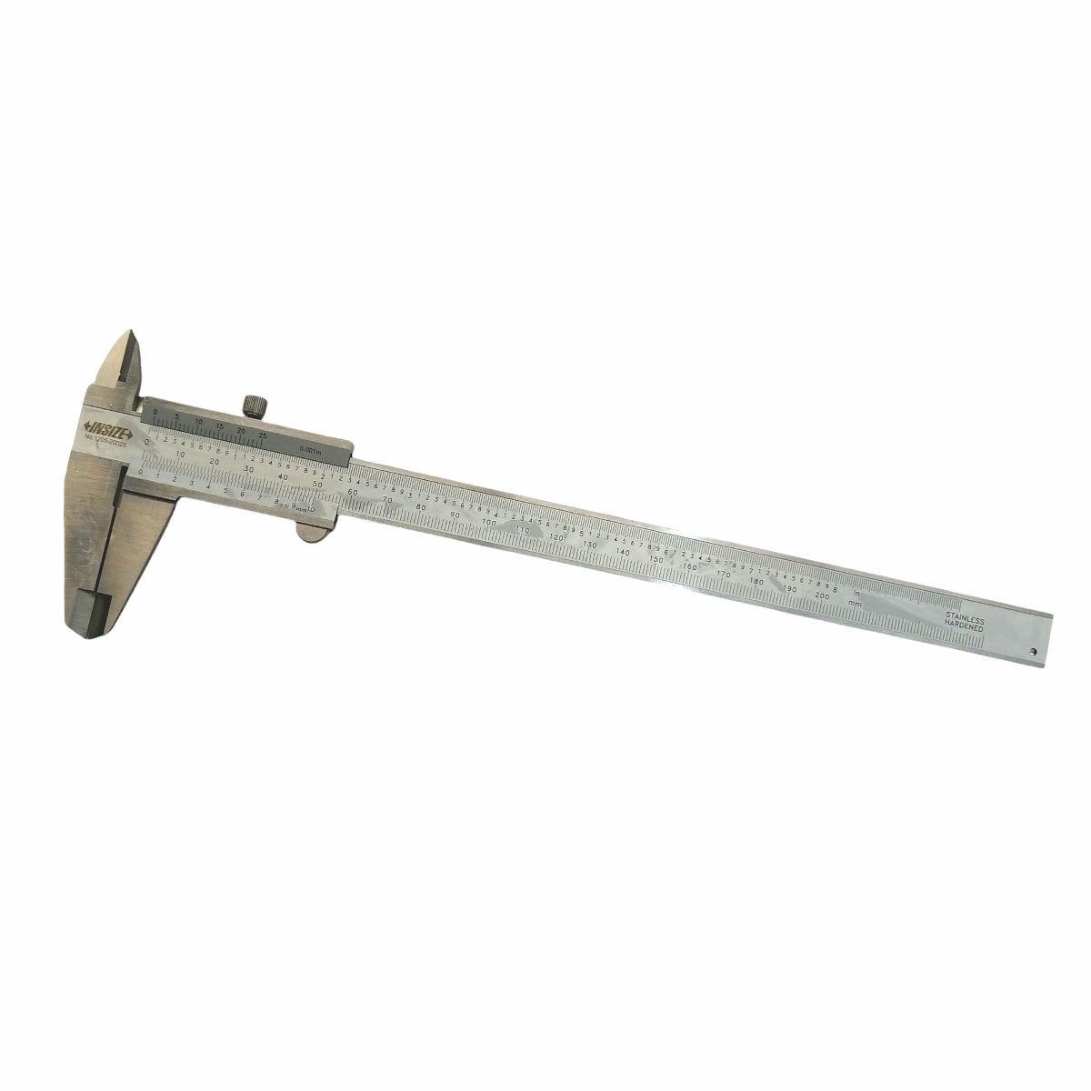 Calibrador vernier mecánico de precisión marca Insize modelo 1205-2002S fabricado en acero inoxidable con rango de 8 pulgadas y graduación de 0.02 mm.