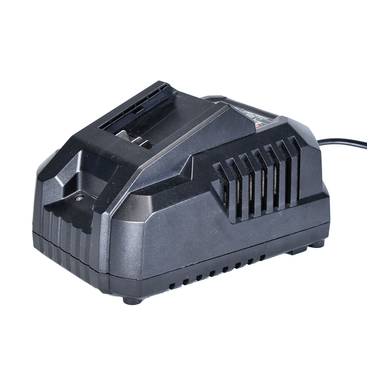 Cargador de carga rápida Dong Cheng 20V 4.0A para baterías de iones de litio, mostrando los indicadores LED de diagnóstico y su diseño robusto profesional.
