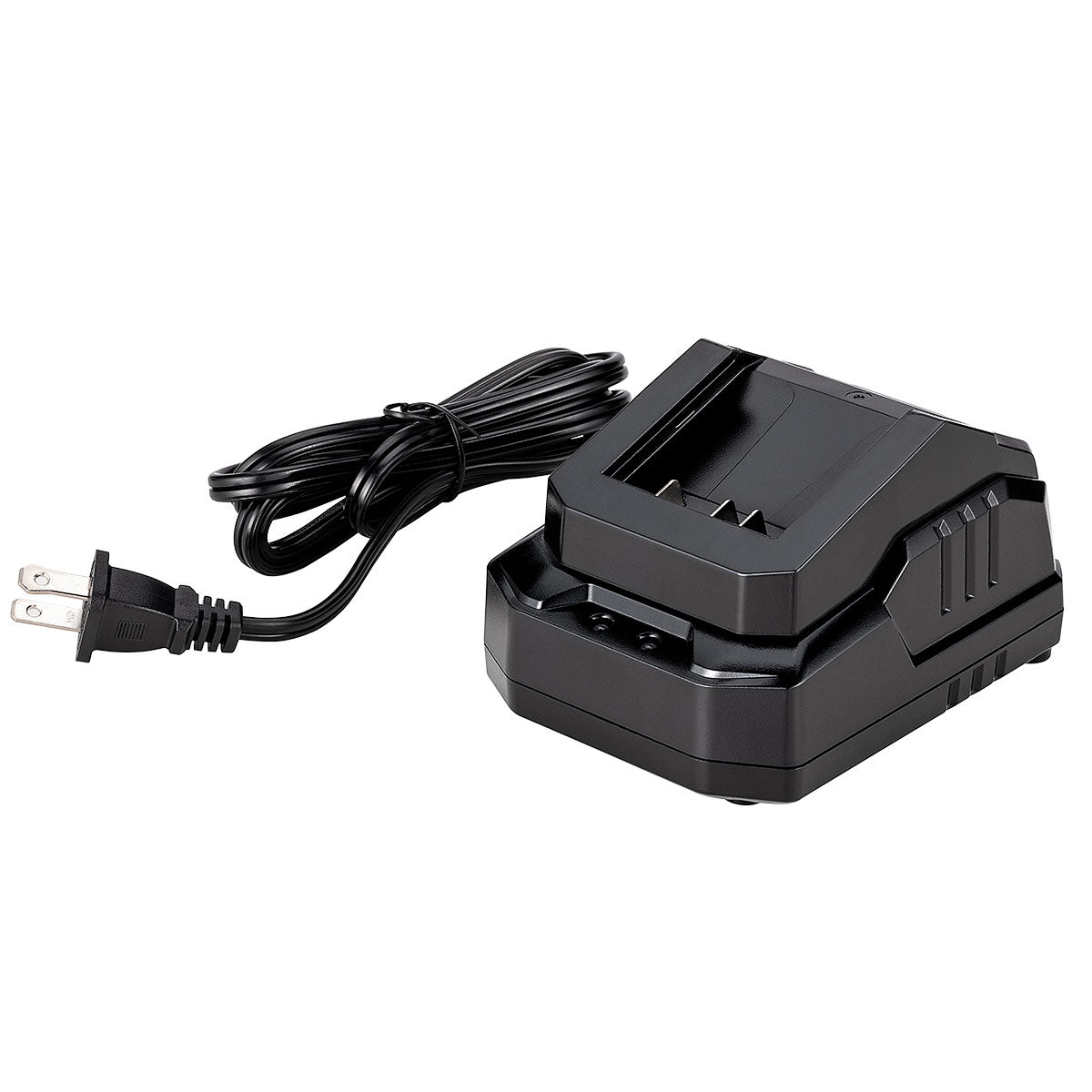 Cargador de baterías de iones de litio Dong Cheng 20V MAX 2.0A en color negro, con luces indicadoras de estado de carga y cable de conexión a corriente.