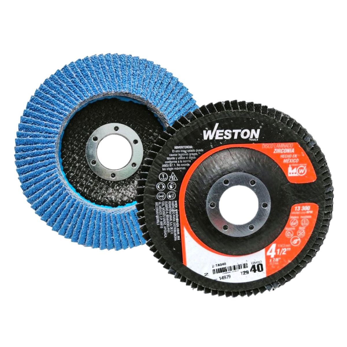 Disco abrasivo de láminas Weston de 4.5 pulgadas con grano de zirconia de alta densidad grado 40 para esmeriladora angular.