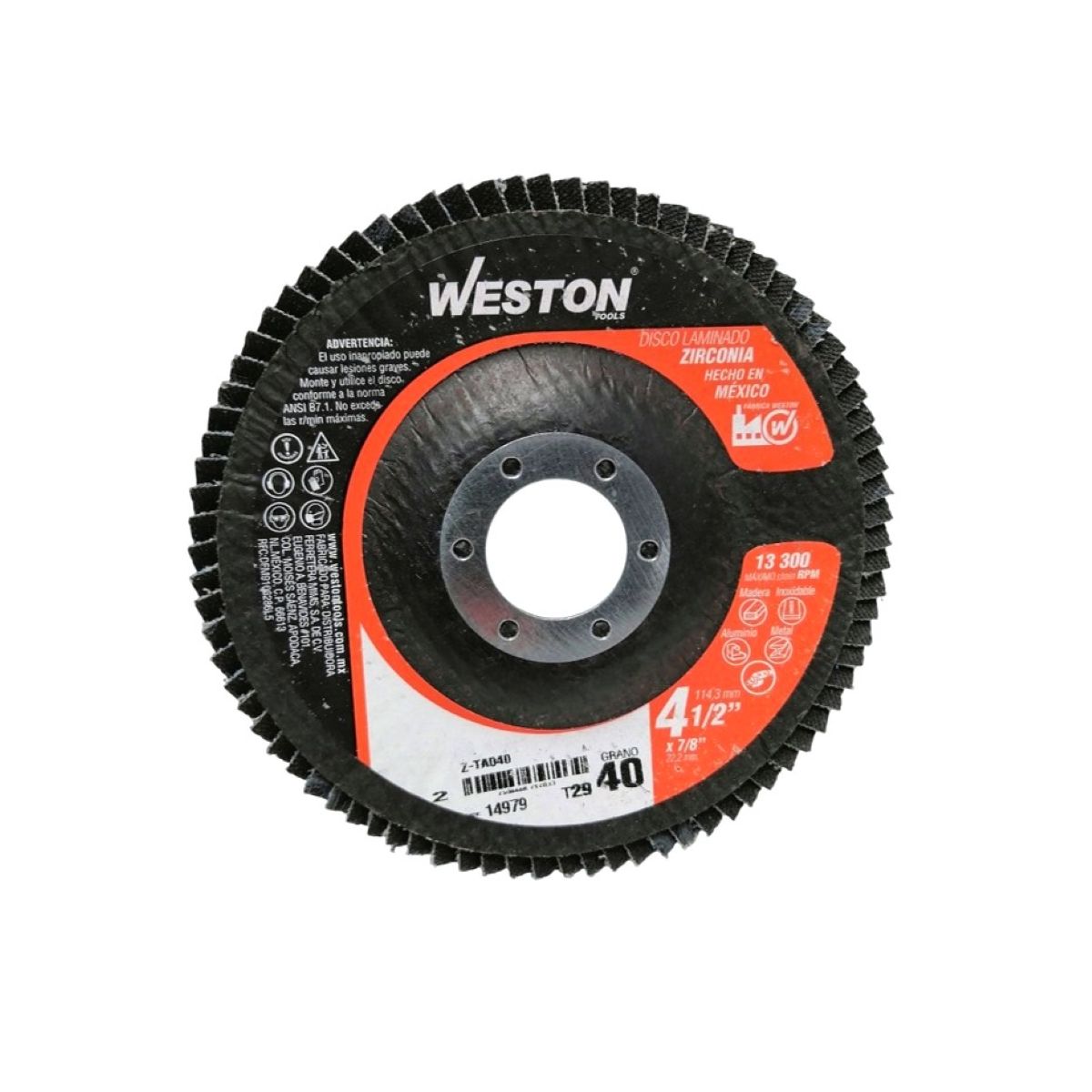 Vista frontal de un disco laminado de zirconia Weston de 4-1/2