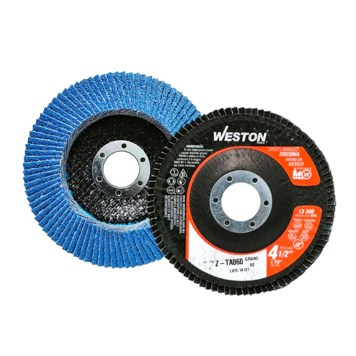 Disco abrasivo de láminas de zirconia Weston de 4.5 pulgadas grano 60 con centro de 7/8