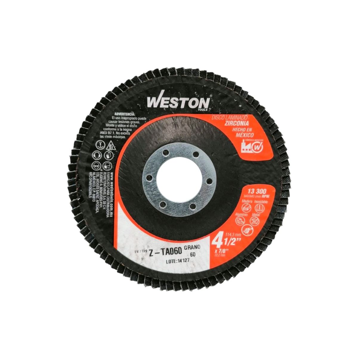 Vista frontal del disco laminado de zirconia Weston de 4-1/2 pulgadas grano 60, modelo Z-TA060, mostrando su etiqueta técnica naranja y negra con especificaciones de seguridad.