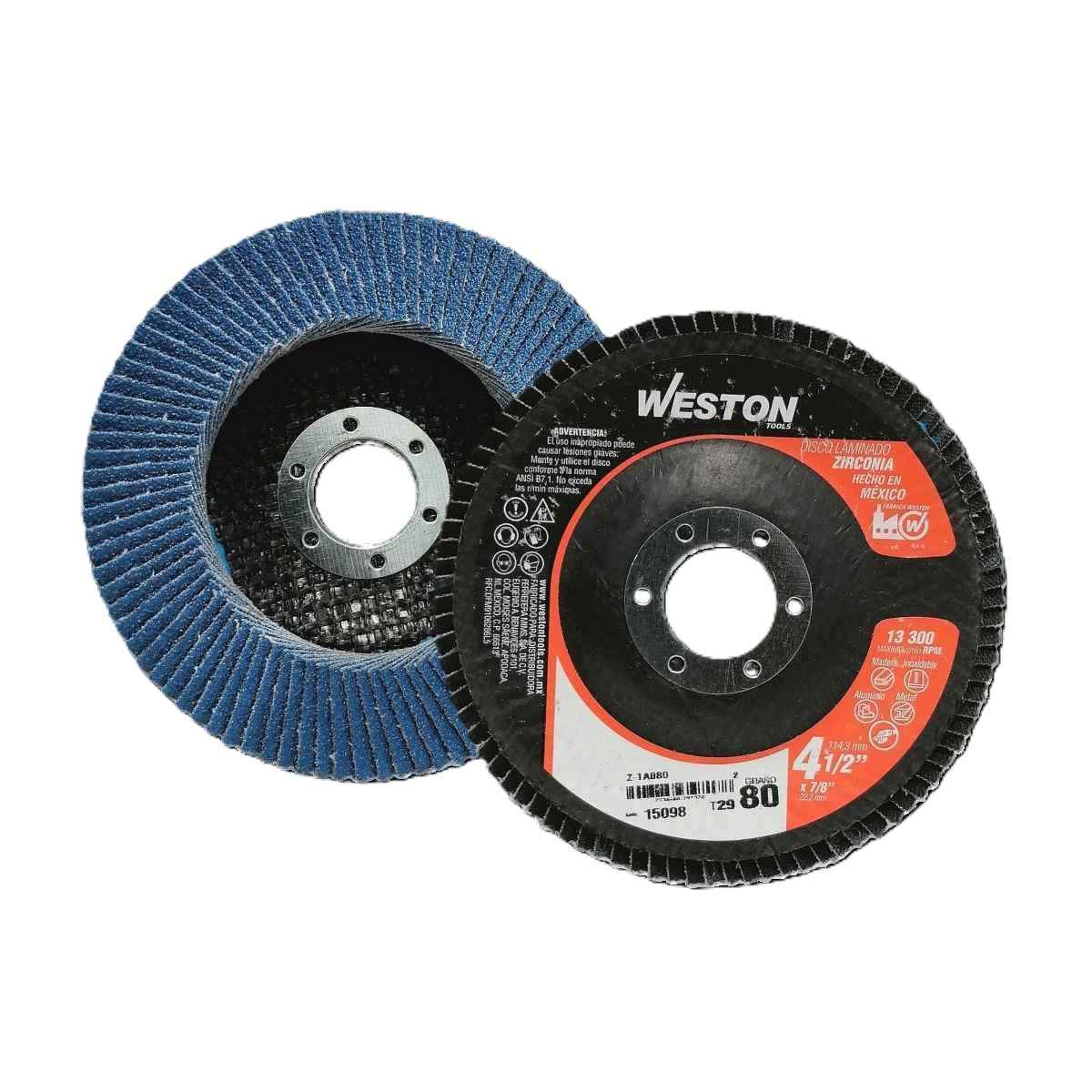 Disco abrasivo de láminas de zirconia con respaldo de fibra de vidrio Weston de 4.5 pulgadas grano 80 con barreno central de 7/8