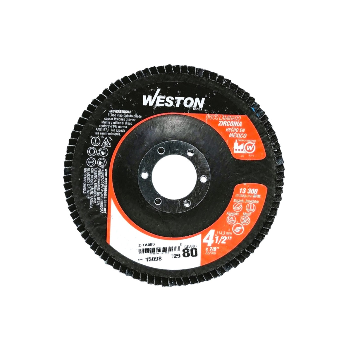 Vista frontal del disco laminado de zirconia Weston de 4-1/2 pulgadas grano 80, mostrando su etiqueta técnica circular con indicaciones de seguridad y códigos de barra.