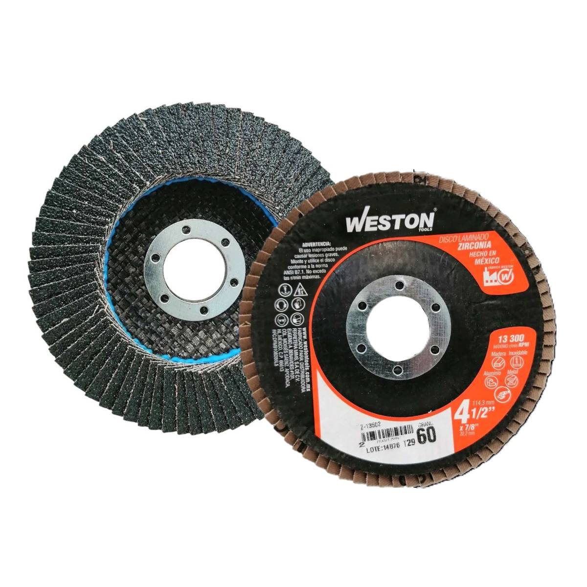 Disco abrasivo de láminas de zirconia Weston Z-13502 de 4.5 pulgadas grano 60 formulado especialmente para acero inoxidable