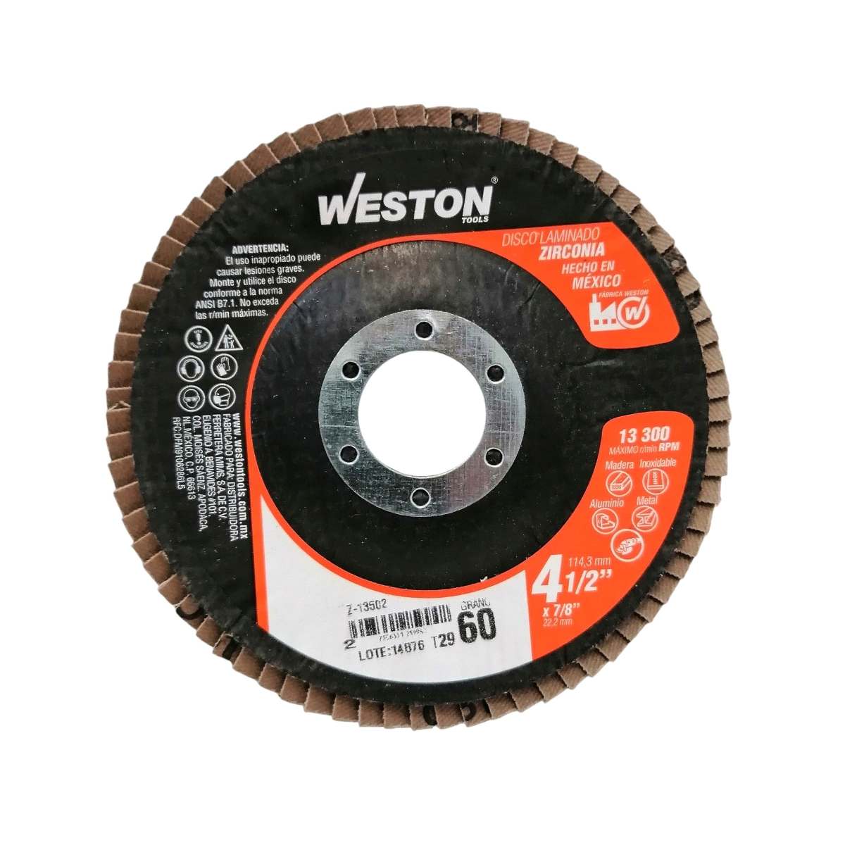 Vista frontal de un disco laminado Weston Z-13502 grano 60 para acero inoxidable con etiqueta negra, naranja y blanca de alta visibilidad.