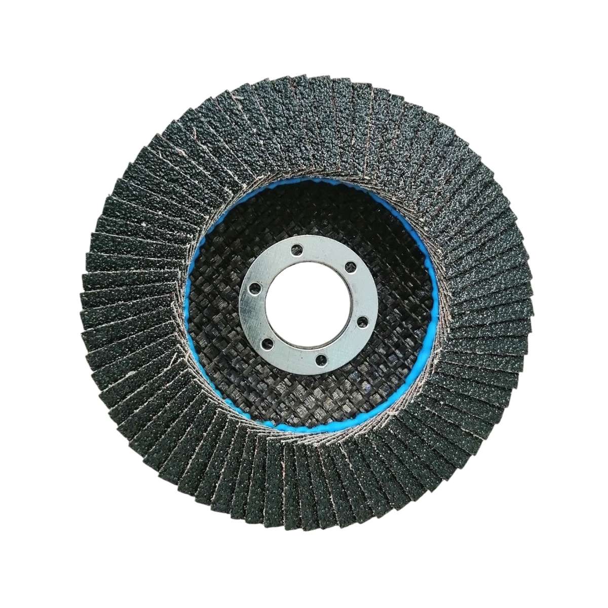 Vista posterior de un disco de láminas abrasivas Weston para acero inoxidable mostrando la distribución de las aletas de lija color gris obscuro y el respaldo con centro metálico de 7/8 pulgadas con grano 60.