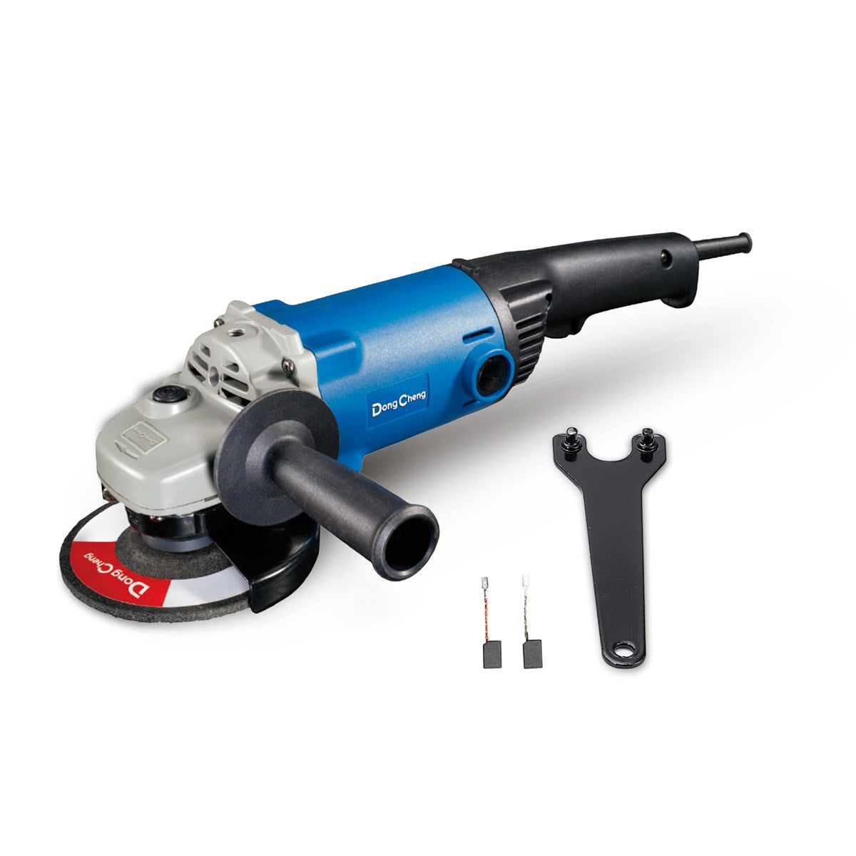 Esmeriladora angular Dong Cheng de 1200W y 4.5 pulgadas en color azul, con guarda de protección metálica, mango lateral y cuerpo delgado para mejor agarre.