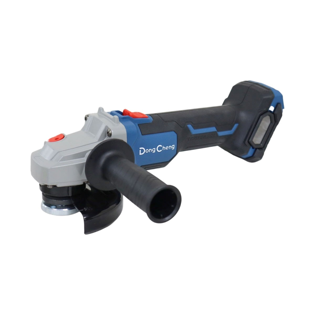Esmeriladora angular inalámbrica Dong Cheng de 4-1/2 pulgadas, motor sin carbones color azul, con husillo de 5/8" y diseño ergonómico para corte y desbaste. No incluye batería