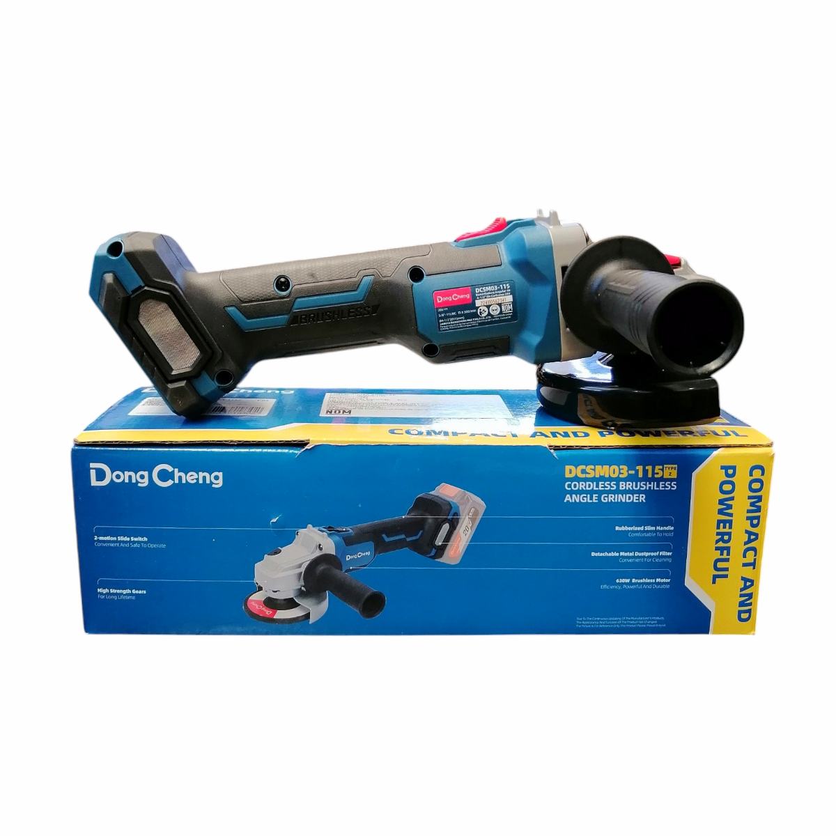 Esmeriladora angular inalámbrica Dong Cheng modelo DCSM03-115, con cuerpo azul y empuñadura ergonómica negra. La herramienta está colocada sobre su caja original de color azul, que incluye una ilustración del producto y especificaciones de motor sin escobillas (brushless).