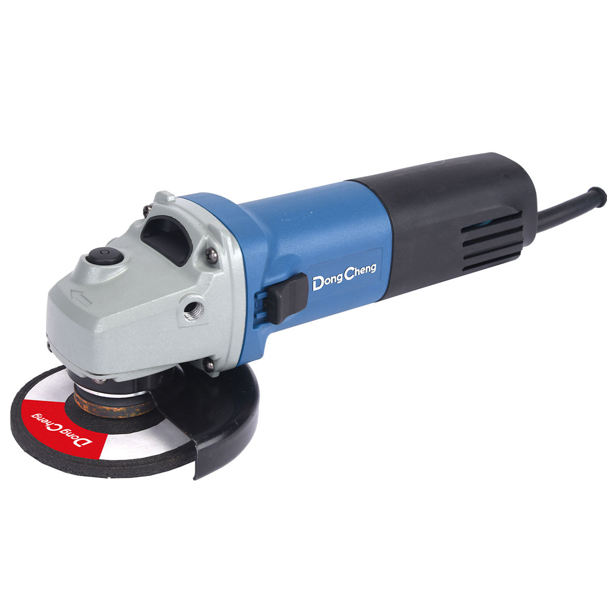 Esmeriladora angular DongCheng de 1020W con disco de 4-1/2 pulgadas, mostrando el interruptor de velocidad variable y el mango lateral ergonómico.