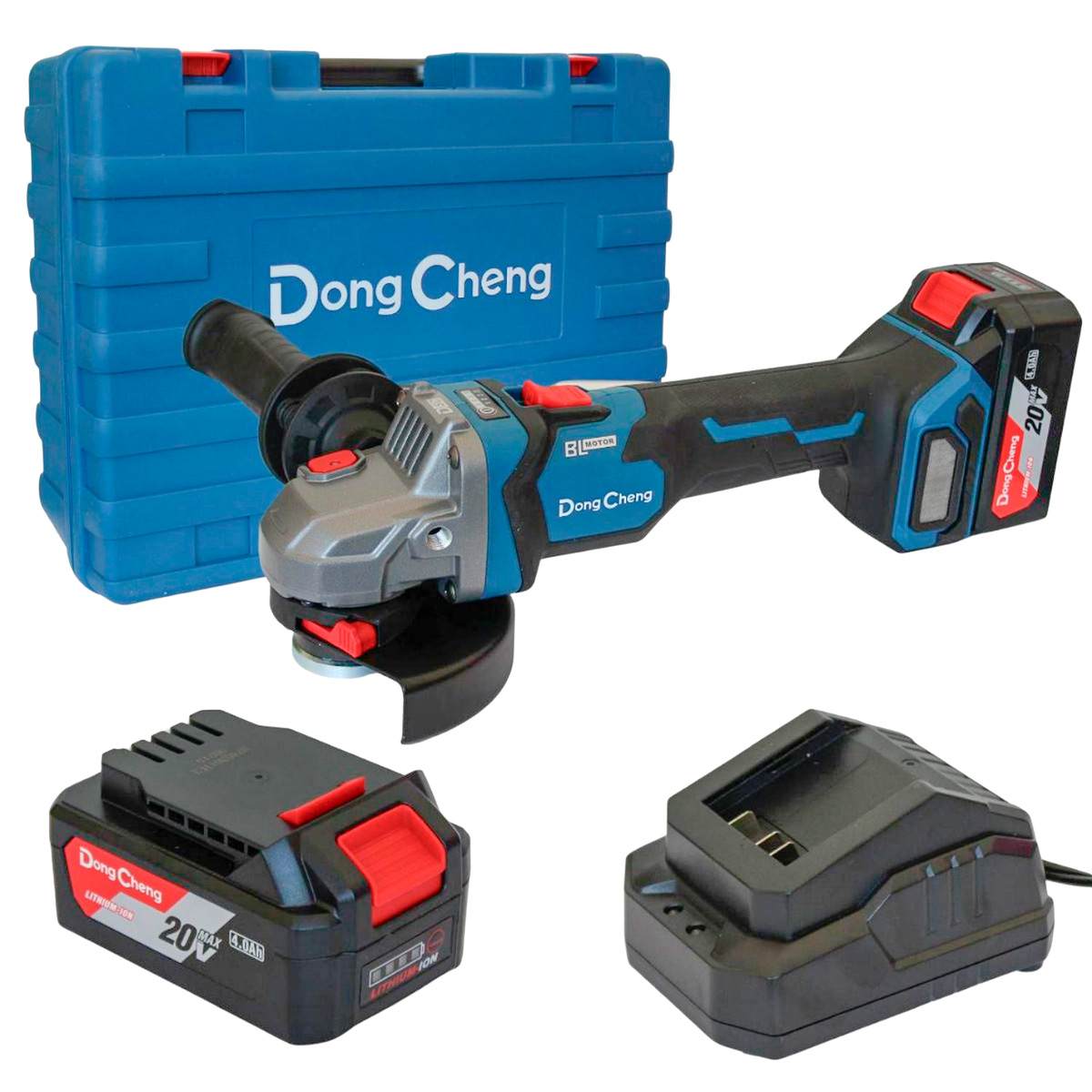 Esmeriladora inalámbrica Dong Cheng de 4-1/2" con selector de velocidad variable de 4000 a 9000 RPM, con 2 baterías, cargador y estuche de plástico.