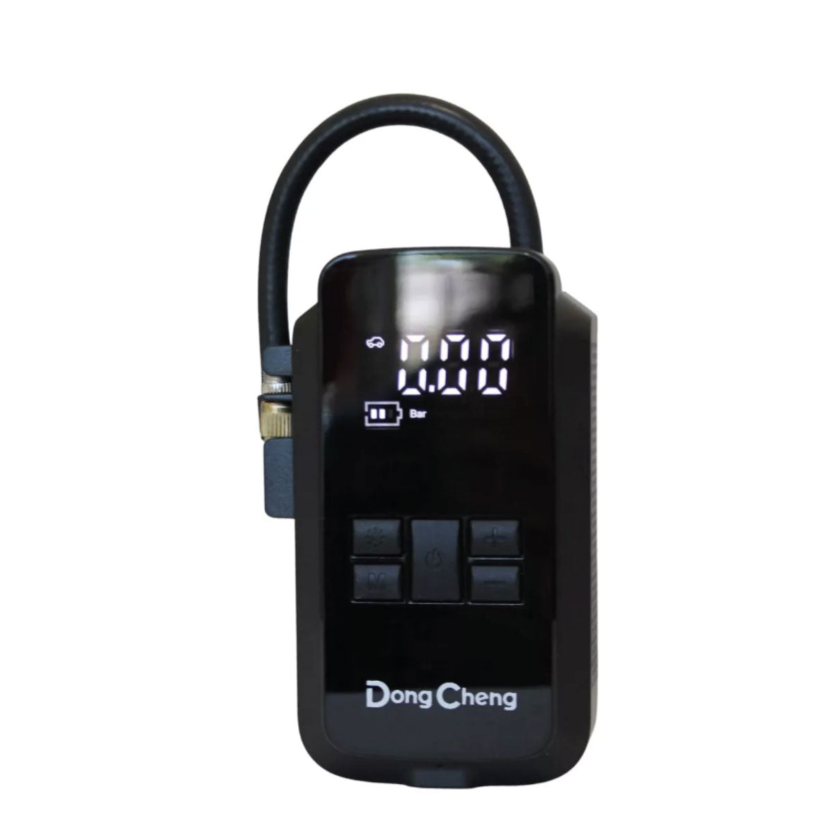 Inflador de aire portátil inalámbrico Dong Cheng 8V en color negro, con pantalla digital LCD, botones de ajuste de presión y manguera flexible integrada.