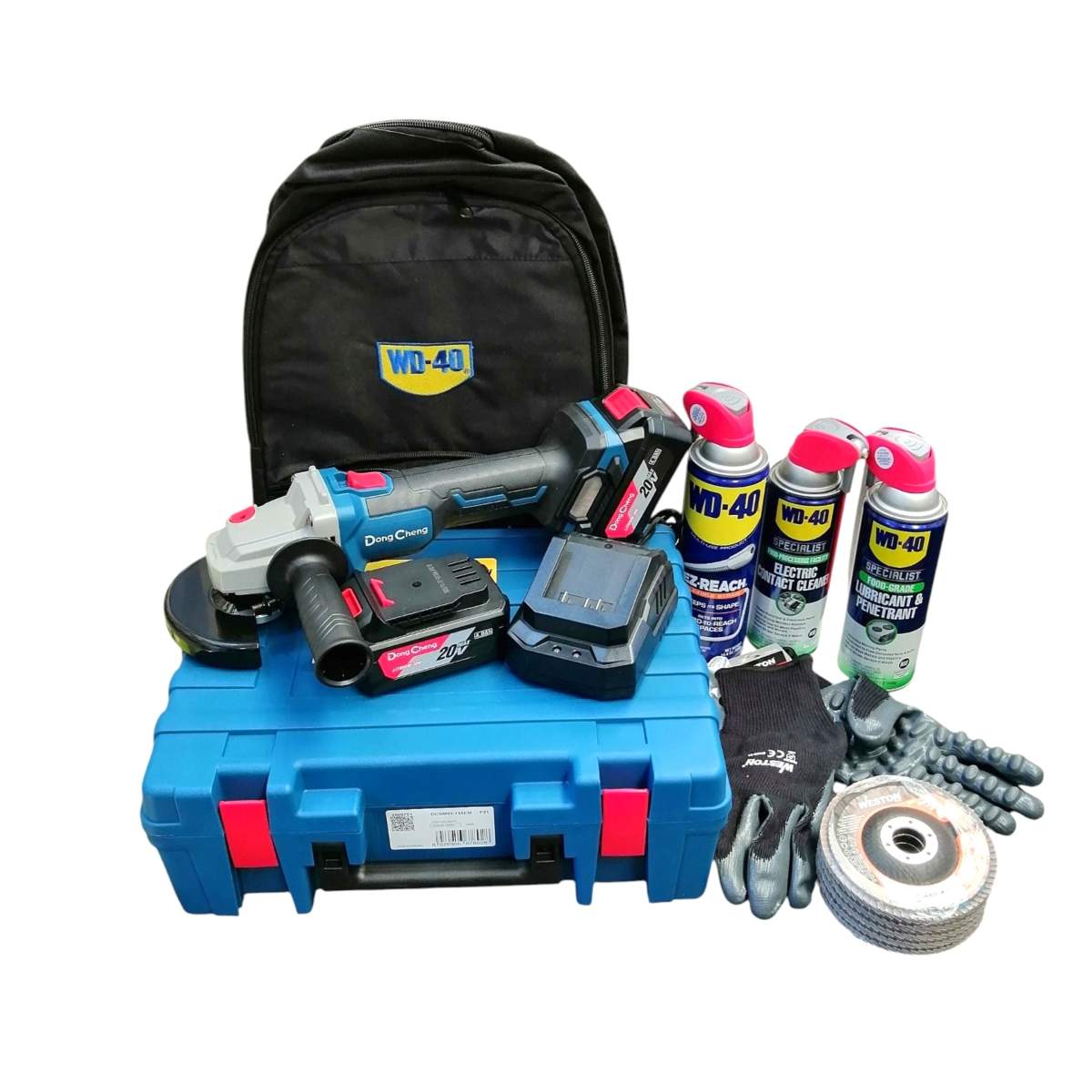 Kit Dong Cheng con esmeriladora inalámbrica de 4 y media pulgadas, disco laminado y guante de protección, y WD-40
