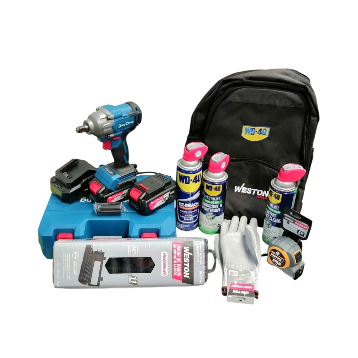 Kit de llave de impacto Dong Cheng de media pulgada con dados, flexómetro de cinco metros y guantes de protección y 3 WD-40.