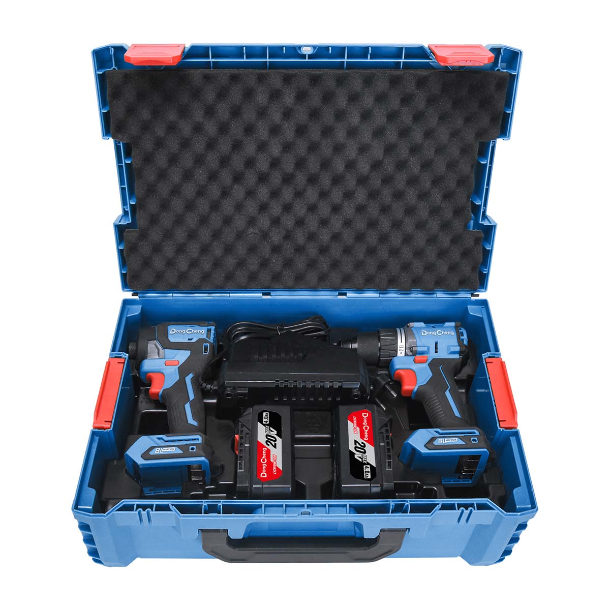 Set de herramientas inalámbricas Dong Cheng de 20V que incluye un taladro percutor, un atornillador de impacto, dos baterías de litio y cargador en su estuche.
