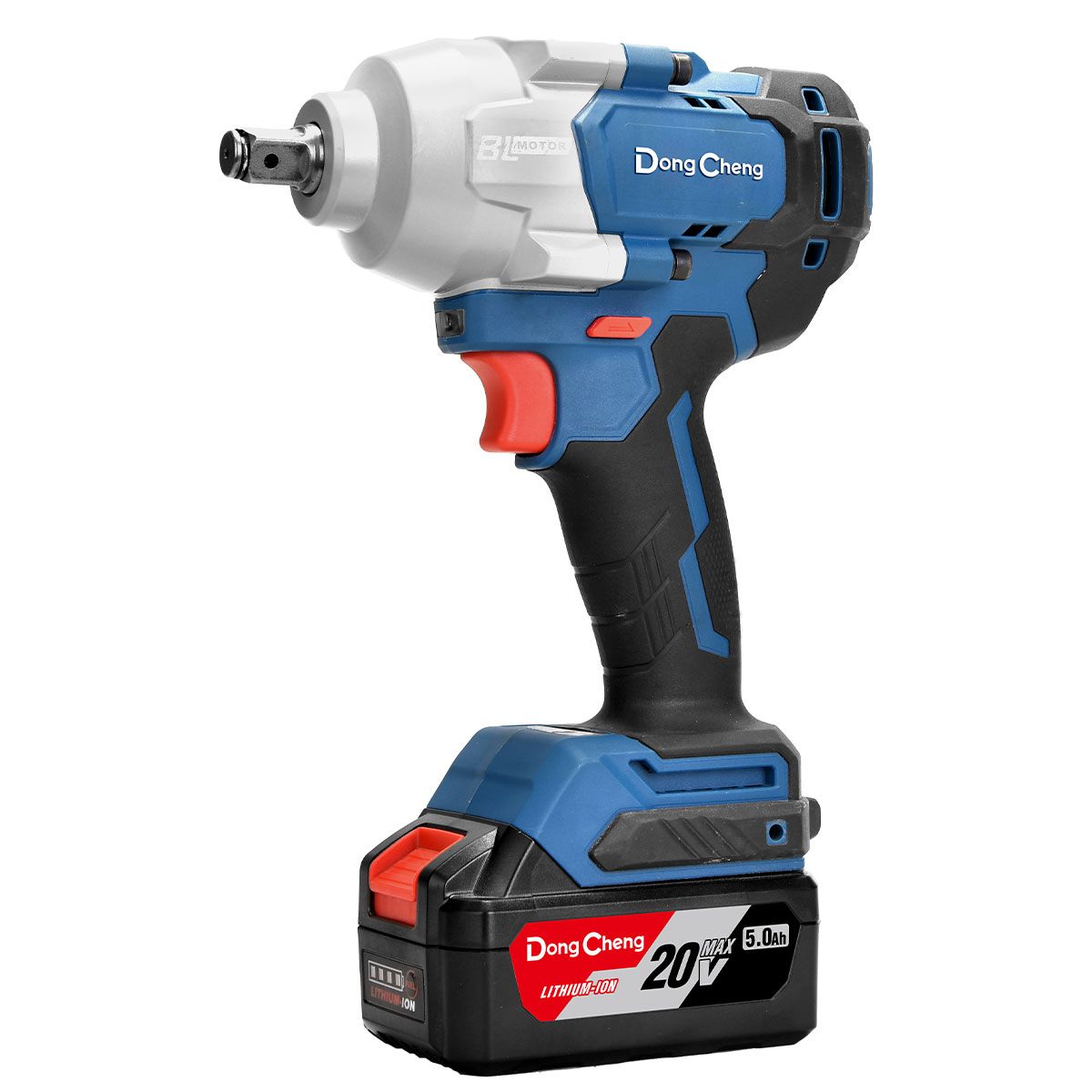 Pistola de impacto inalámbrica marca Dong Cheng de 2200 RPM y encastre de 1/2 pulgada para mantenimiento industrial.