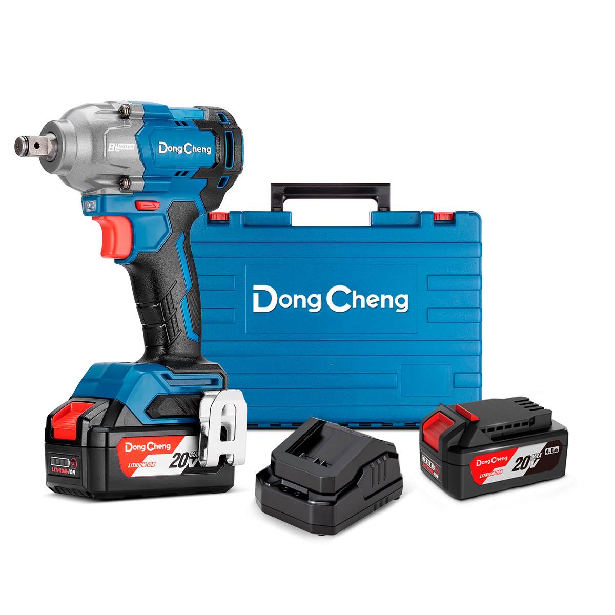 Llave de impacto inalámbrica marca Dong Cheng de media pulgada y 2400 RPM sobre fondo blanco. Incluye cargador, pila y estuche.