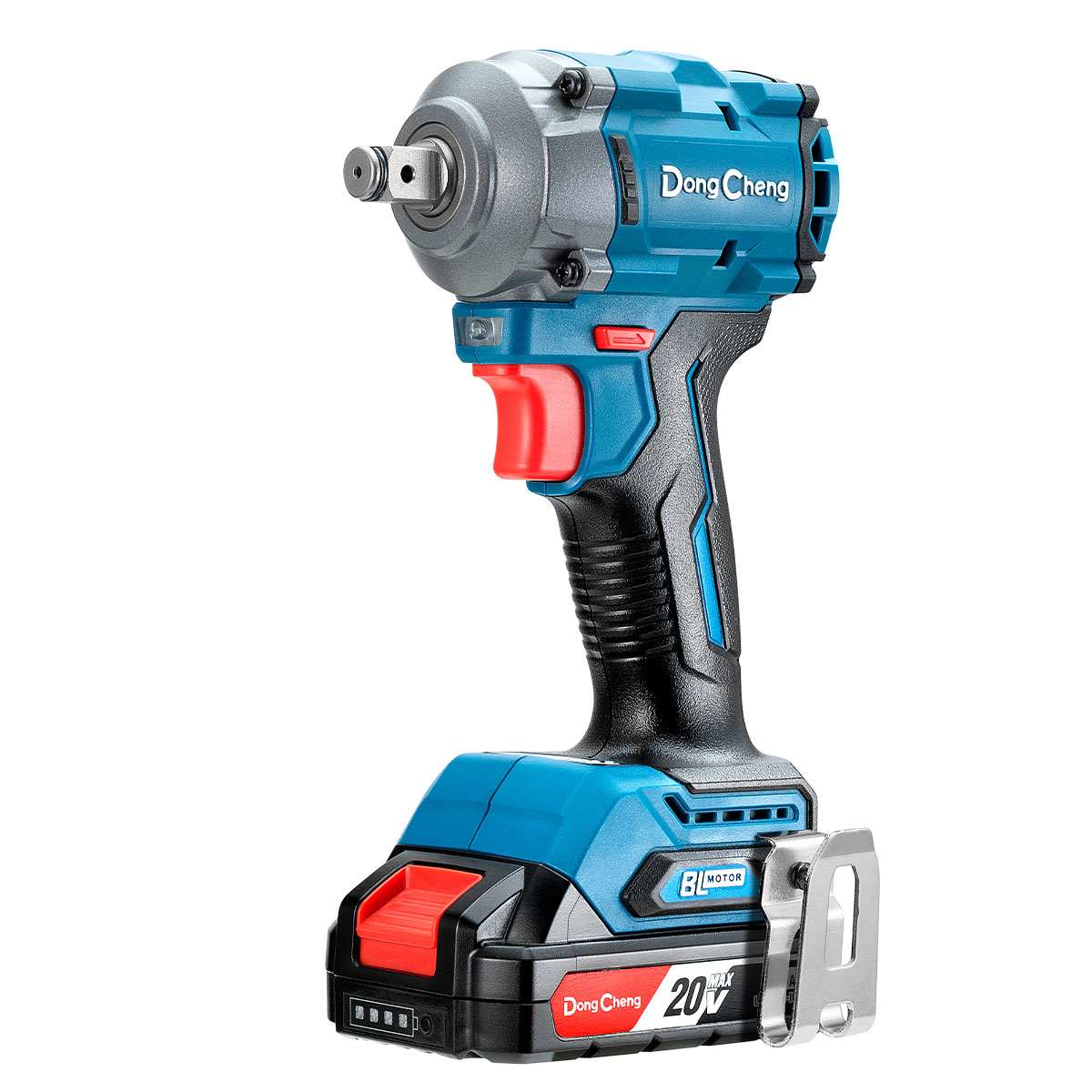 Llave de impacto inalámbrica Dong Cheng de media pulgada y 2500 RPM color azul con batería instalada.