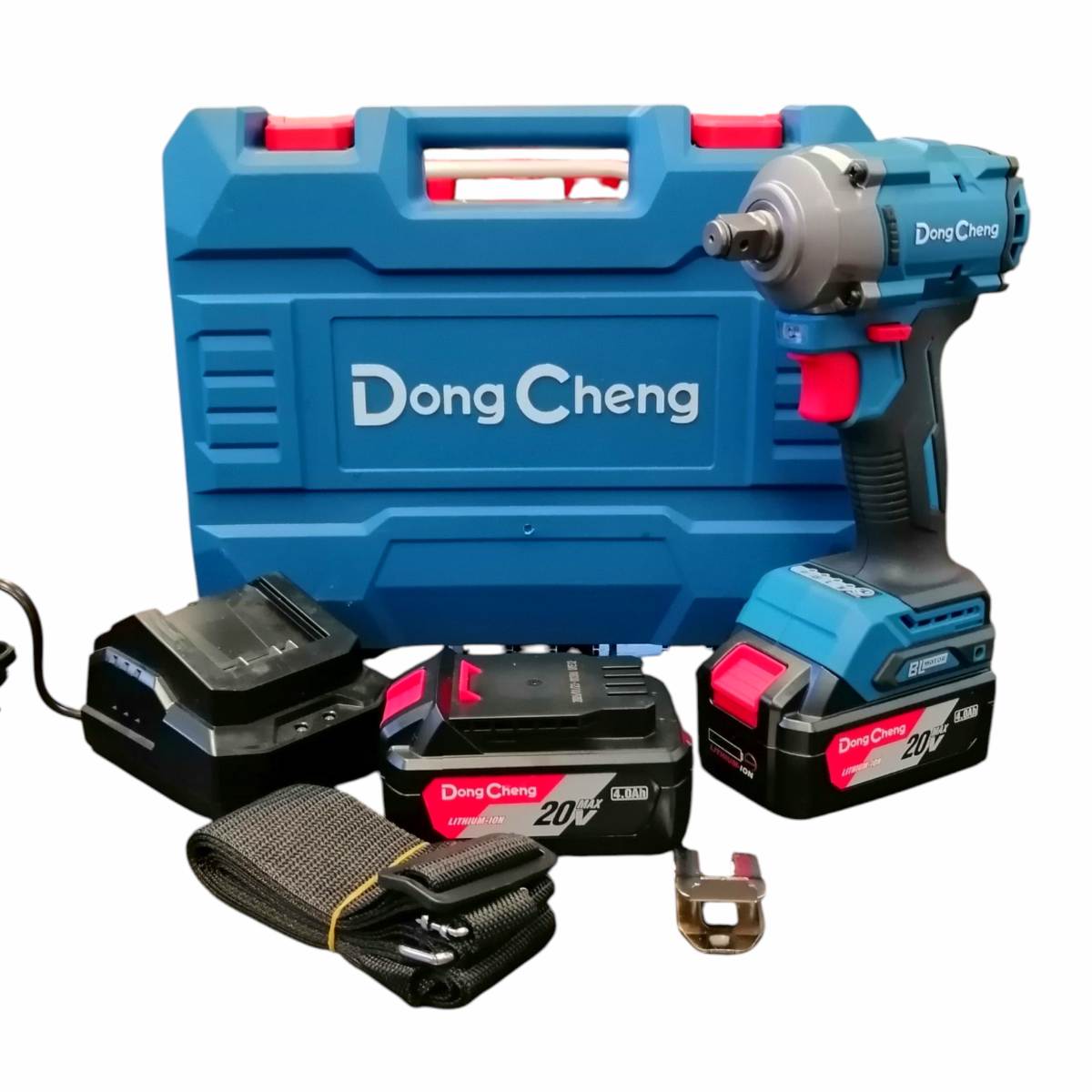 Kit de llave de impacto inalámbrica Dong Cheng azul de 20V con estuche rígido, dos baterías de litio, cargador y correa de transporte.