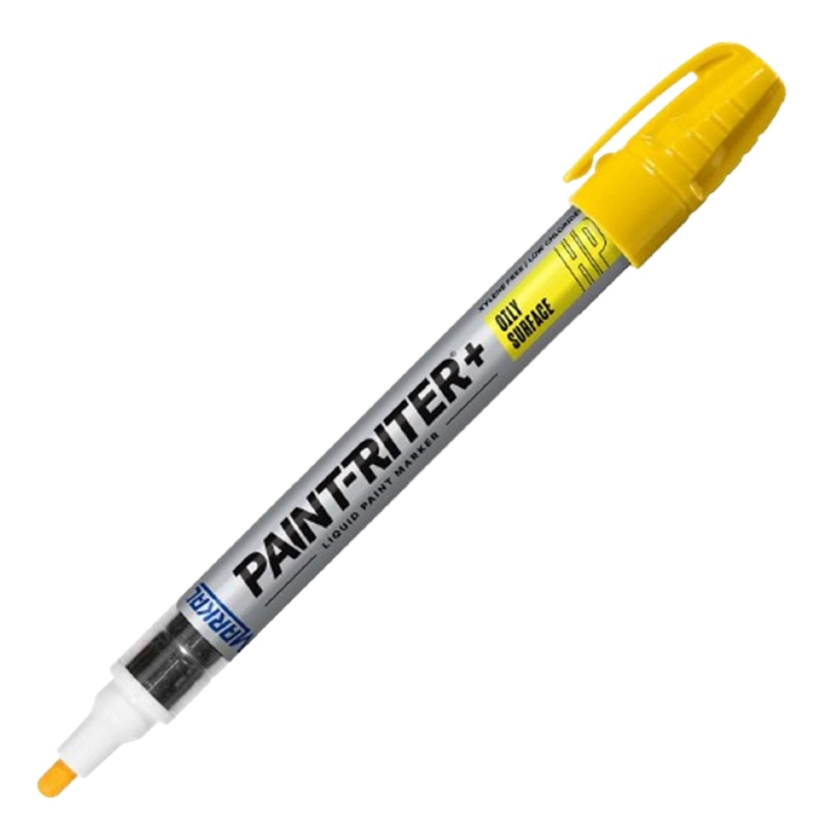 Marcador industrial permanente de pintura líquida color amarillo de alta visibilidad marca Markal línea Pro-Line HP de Weston Tools.