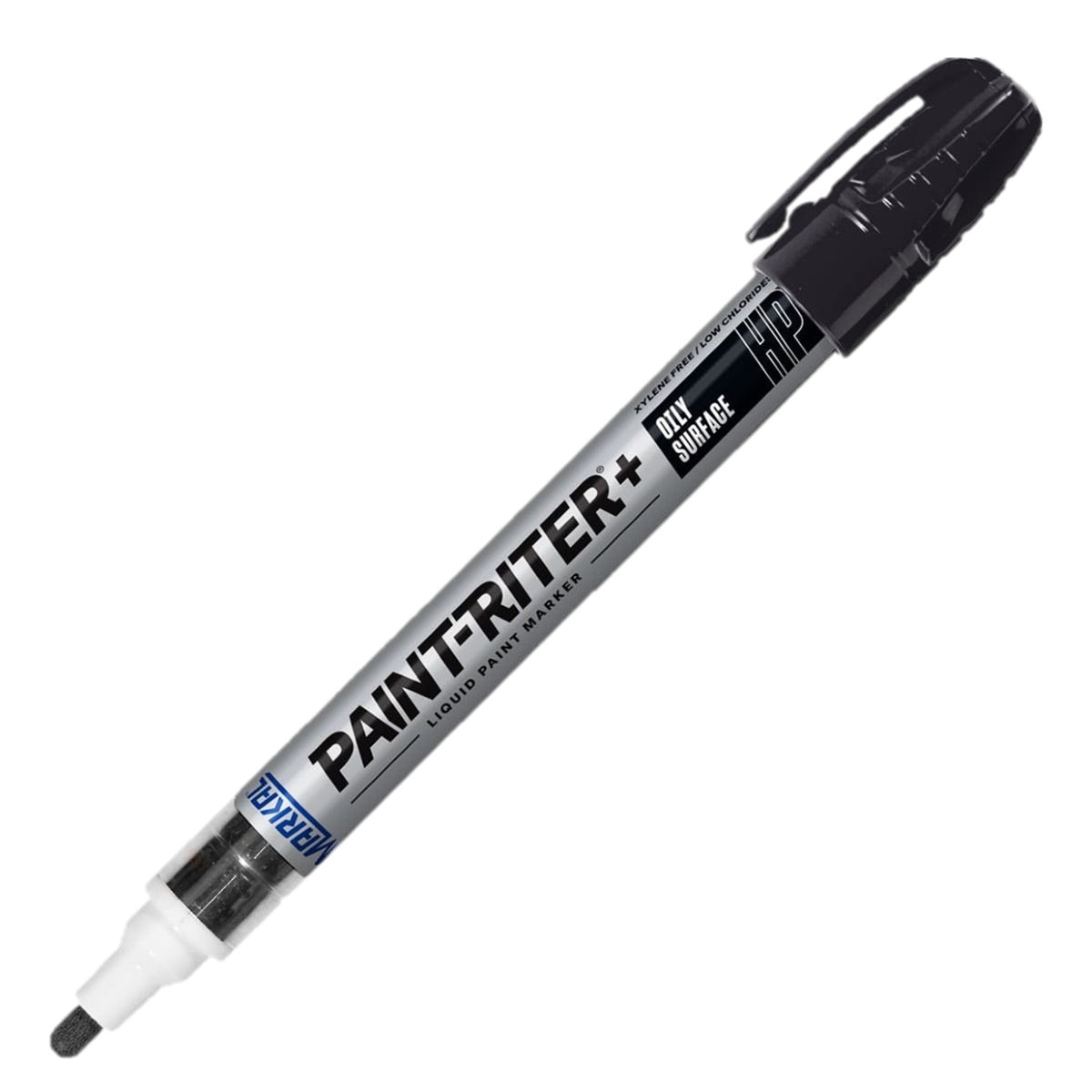Marcador industrial permanente de pintura líquida color negro marca Markal línea Pro-Line HP de Weston Tools sobre fondo blanco.