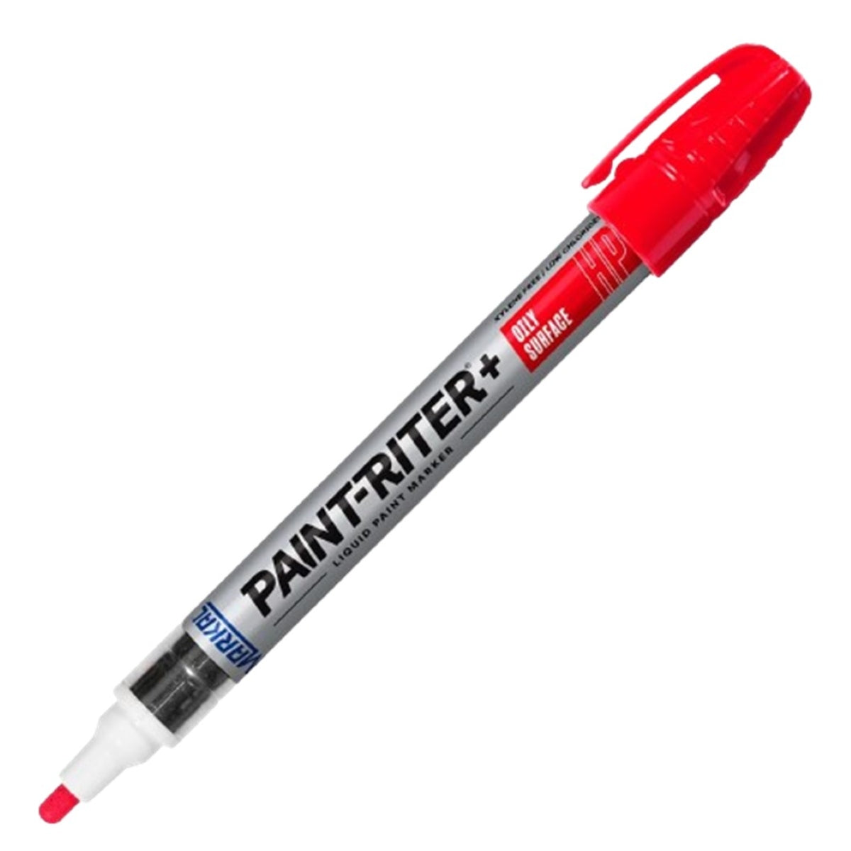 Marcador industrial permanente de pintura líquida color rojo marca Markal línea Pro-Line HP de Weston Tools sobre fondo blanco.