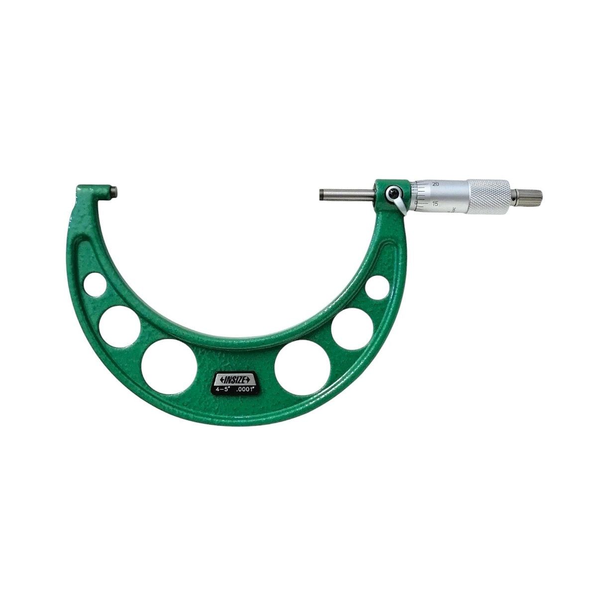Micrómetro mecánico de exteriores Insize de 4 a 5 pulgadas con caras de medición de carburo y arco esmaltado para metrología de alta precisión industrial.