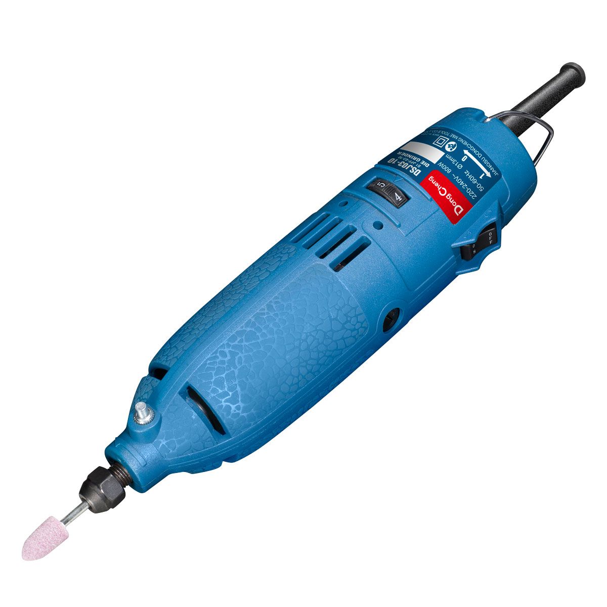 Mototool Dong Cheng de un octavo de pulgada, 105 vatios y 3000 RPM para trabajos de precisión sobre fondo blanco. Herramienta electrica