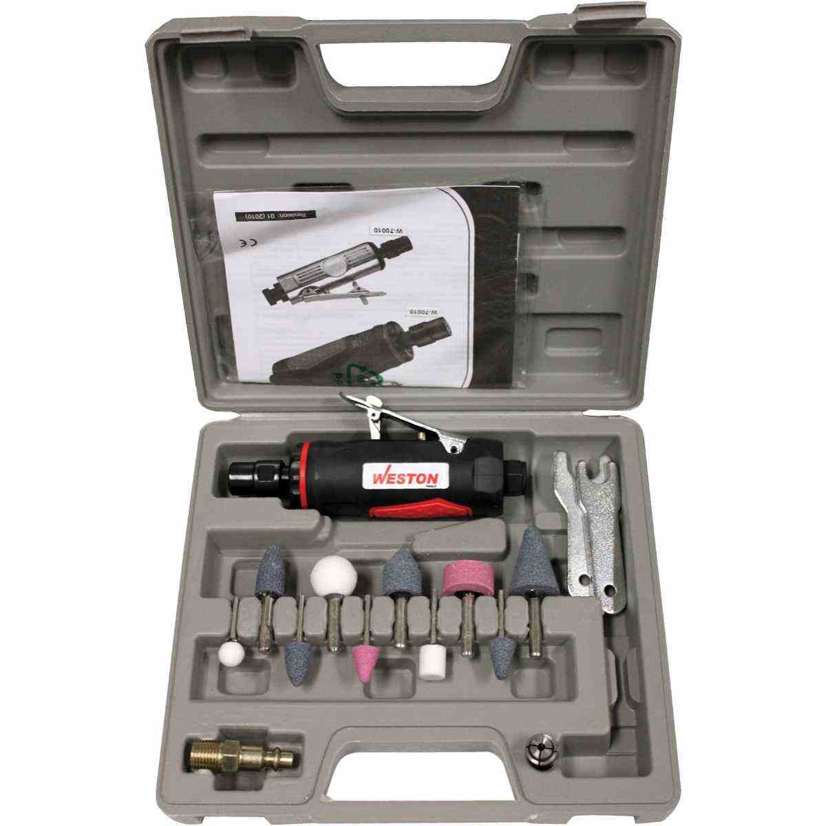 Estuche de mototool portátil con accesorios para corte, desbaste y pulido en metal.