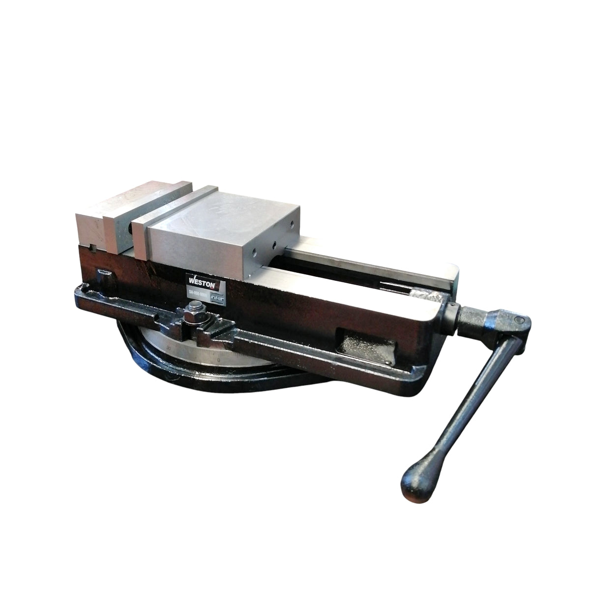 Prensa de sujeción angular rectificada tipo Kurt de 6 pulgadas con apertura de 7-1/2 marca Weston modelo SA-050-0050 y base giratoria.