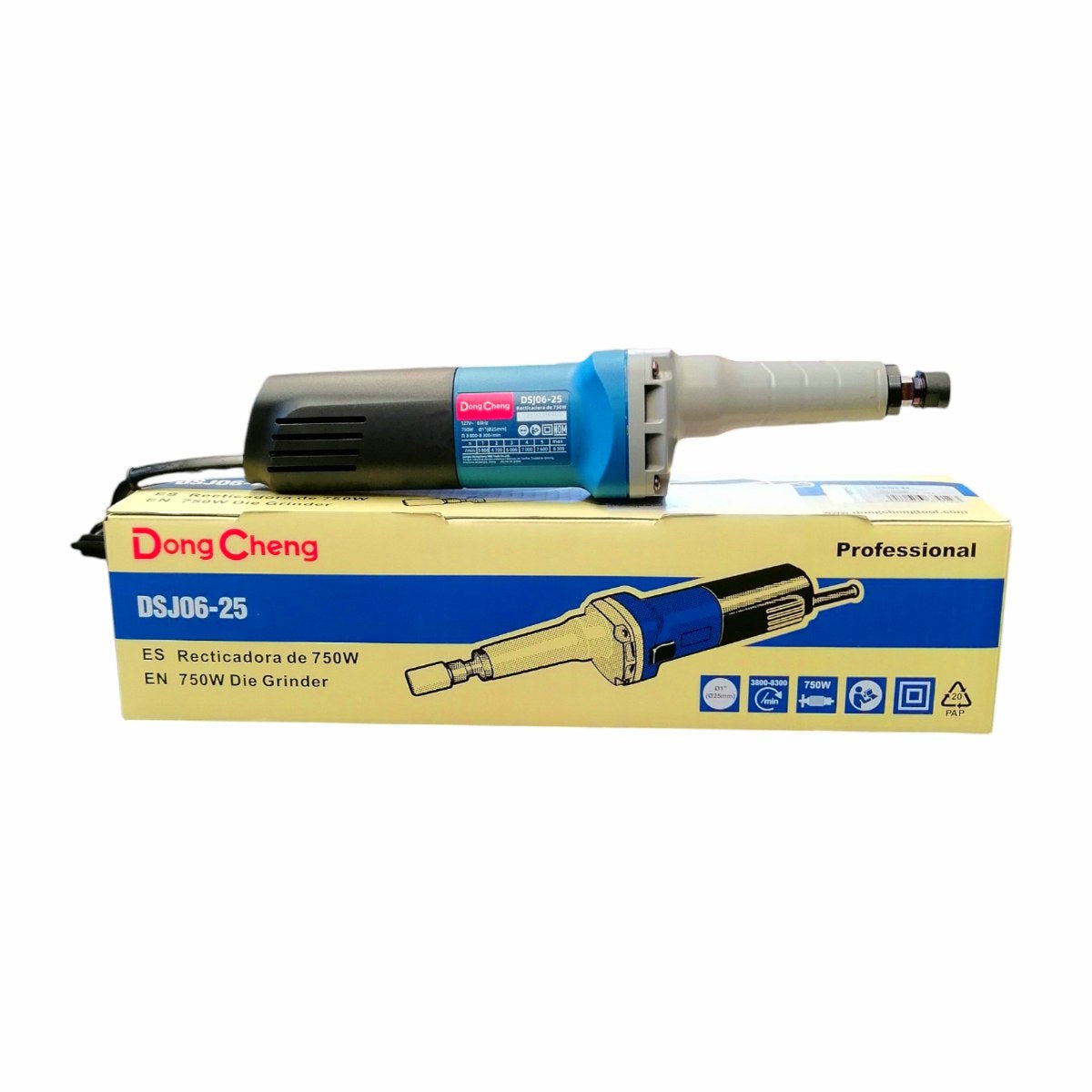 Rectificadora industrial Dong Cheng modelo DSJ06-25, con cuerpo azul, parte posterior negra y cabezal gris alargado. La herramienta descansa sobre su caja amarilla original, la cual muestra el nombre del modelo y especificaciones de 750W