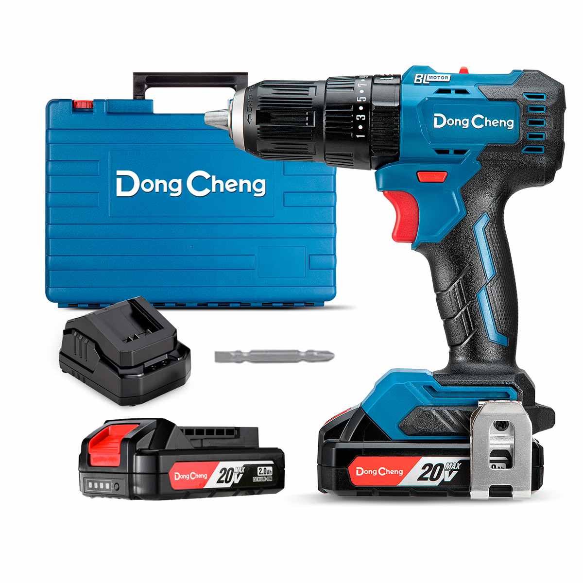 Taladro rotomartillo y atornillador Dong Cheng de 20V con broquero de 1/2 pulgada, acompañado de dos baterías compactas de 2.0Ah y su cargador inteligente.