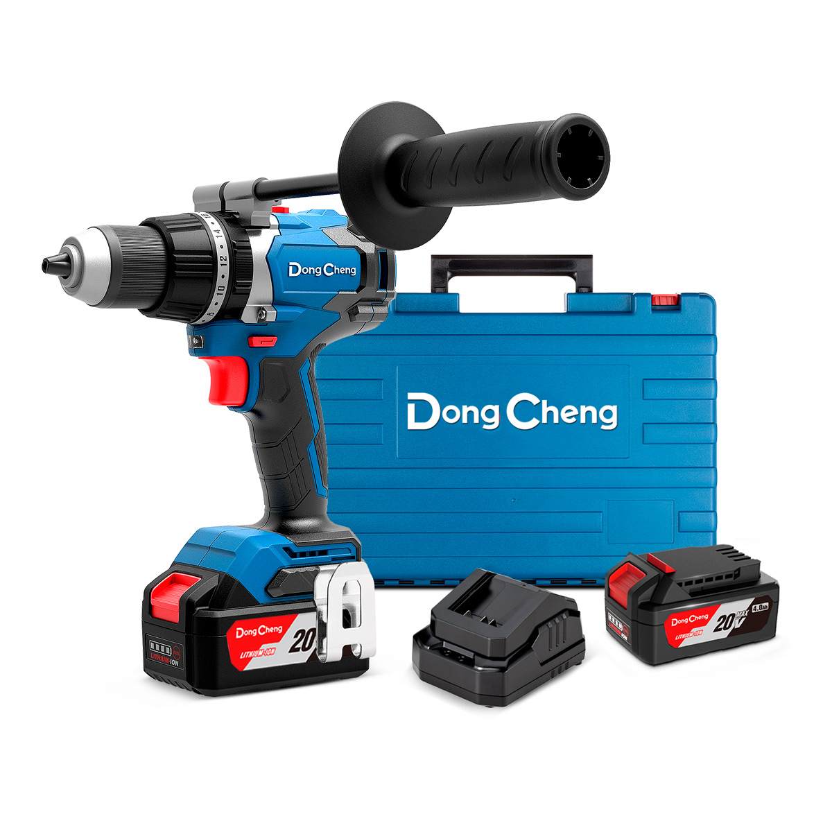Rotomartillo-atornillador inalámbrico Dong Cheng 20V con broquero de 1/2 pulgada, incluye dos baterías de 4.0Ah y maletín de transporte para perforación en muro y madera.