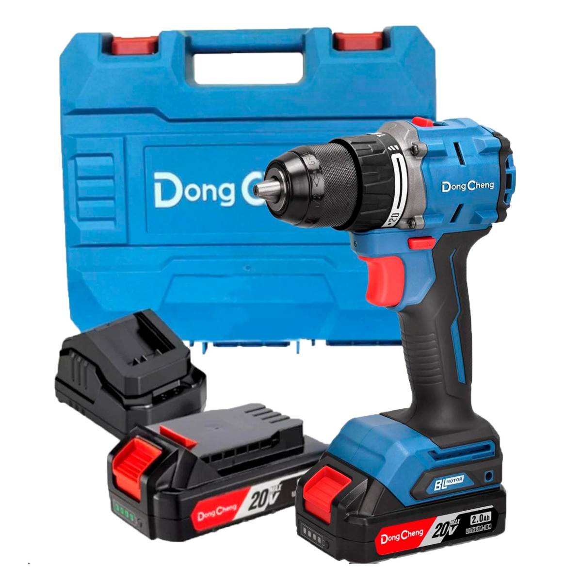 Rotomartillo y atornillador inalámbrico Dong Cheng de 20V con mandril de 1/2 pulgada, mostrado junto a dos baterías compactas de 2.0Ah y cargador de batería.