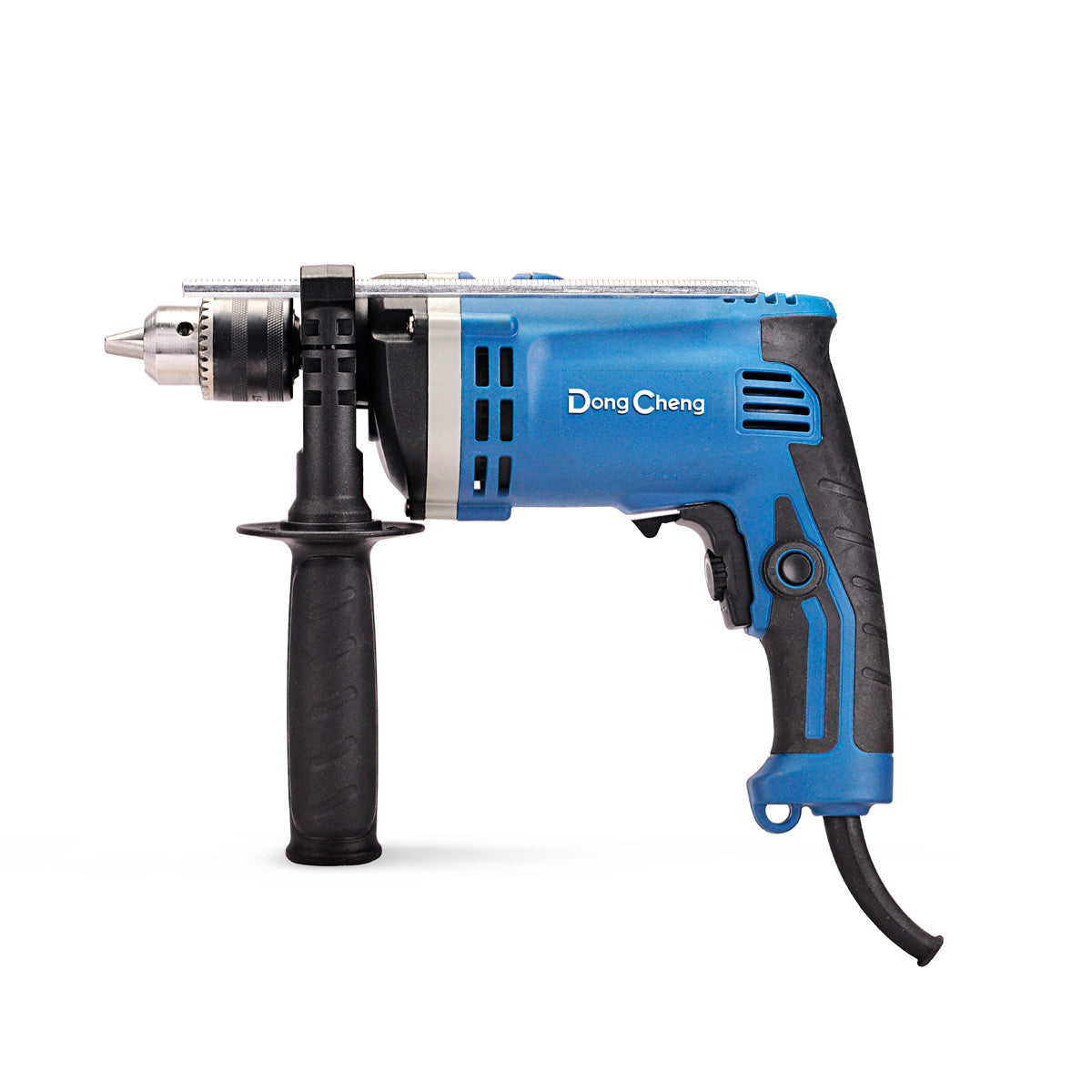 Rotomartillo eléctrico Dong Cheng de 710W color azul, con selector de función, mango auxiliar ajustable y guía de profundidad para perforación en concreto
