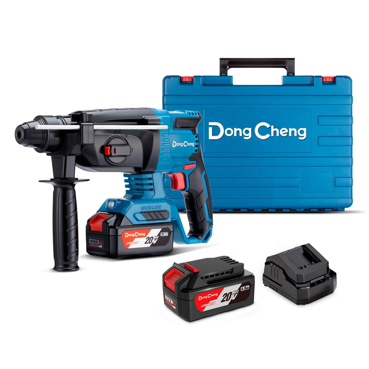 Kit de rotomartillo inalámbrico Dong Cheng SDS Plus de 20V con dos baterías de 4.0Ah, cargador y maletín, operando a 1,000 RPM y 4,500 IPM para concreto.