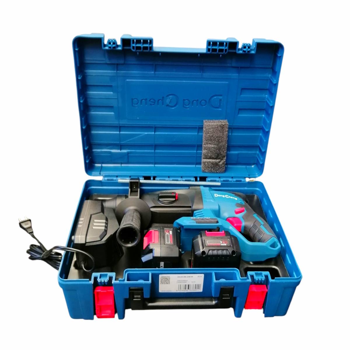 Estuche de plástico con rotomartillo SDS Plus, 2 baterías 20V 4.0Ah, cargador y accesorios.