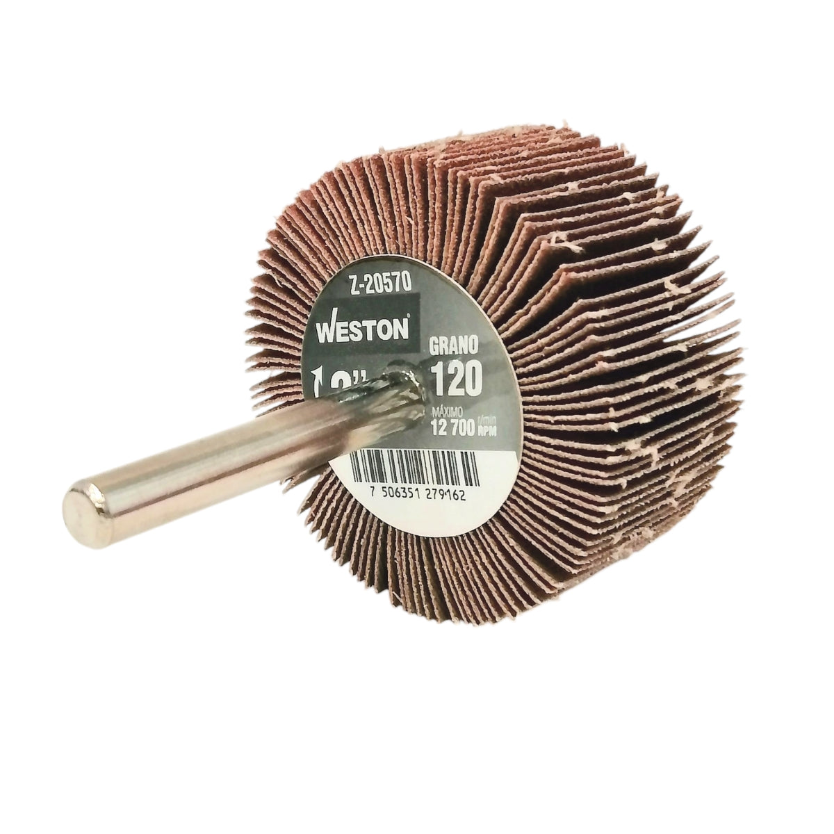 Rueda flap con vástago grano 120 2" Para uso en acero, acero inoxidable, madera, pintura, barniz, plástico y fundición. Es un abrasivo