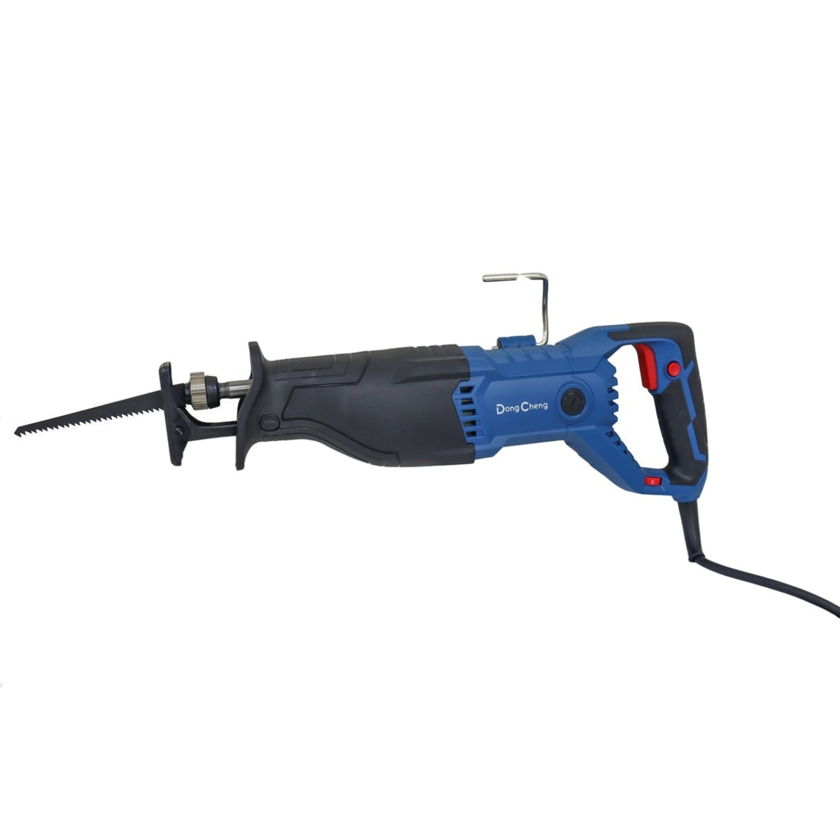 Sierra sable eléctrica DongVCheng de 1300W en color azul, con gatillo de velocidad variable, zapata ajustable y sistema de cambio rápido de segueta.