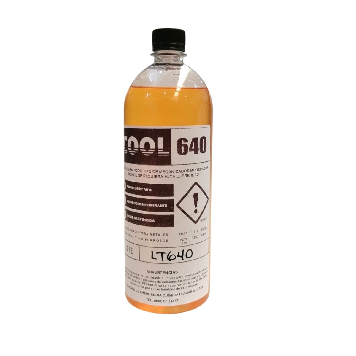 Envase de un litro de fluido refrigerante soluble semisintético Cool 640 de la marca Pebas para maquinado de metales.