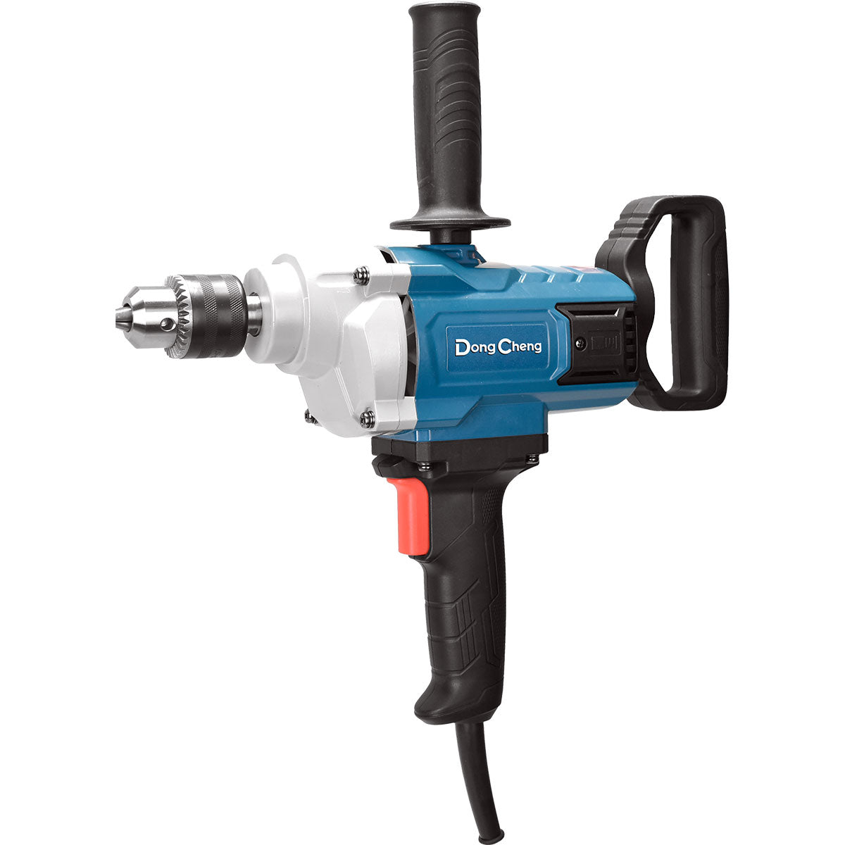 Taladro industrial Dong Cheng de 1650W diseñado para uso rudo, con mango tipo "D" trasero, empuñadura lateral de soporte y mandril metálico reforzado.