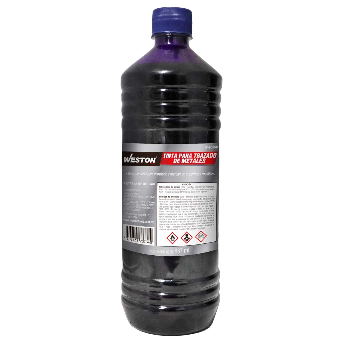Botella de 887 ml de tinta industrial azul violeta oscuro marca Weston Tools para trazado de líneas de referencia en superficies metálicas.