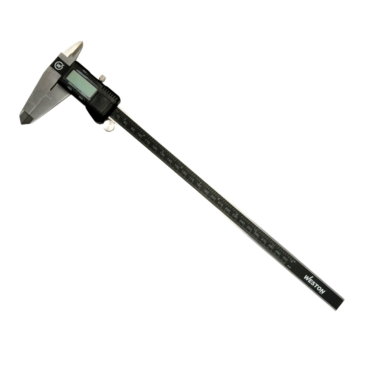 Calibrador vernier digital 12" con carcasa de plástico y fabricado en acero inoxidable para medición.