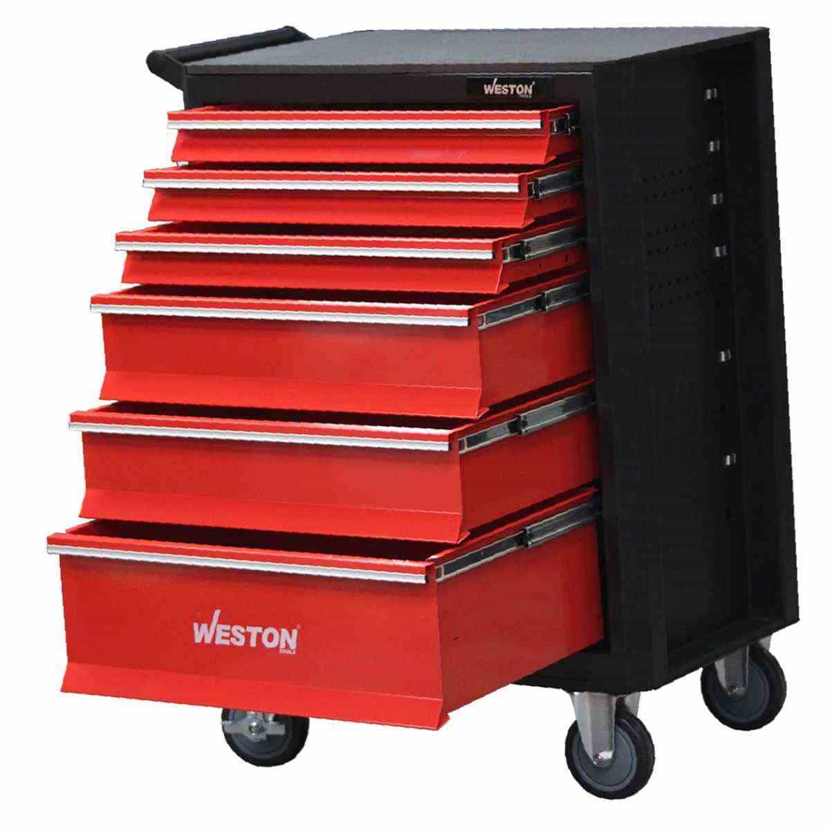 Gabinete rodante WESTON de 32 pulgadas con cajones de almacenamiento, estructura resistente y ruedas industriales para taller.