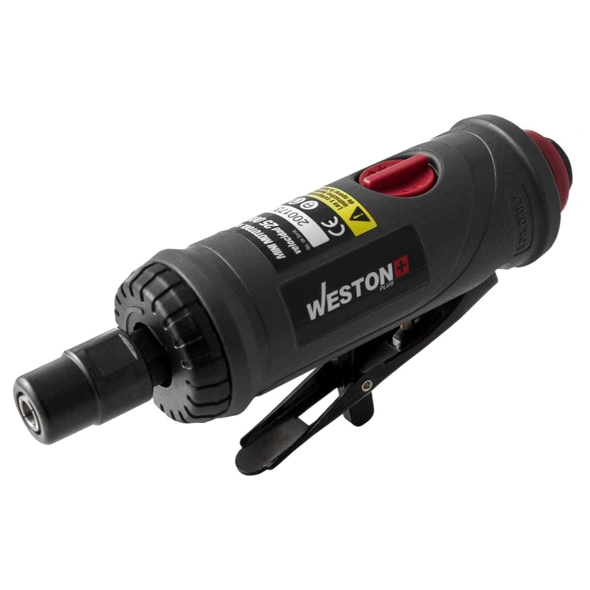 Mini Mototool industrial recto Weston, neumático, con boquilla de 1/4 de pulgada, color plata y negro. Herramienta compacta y ligera para desbaste, lijado y pulido de metales