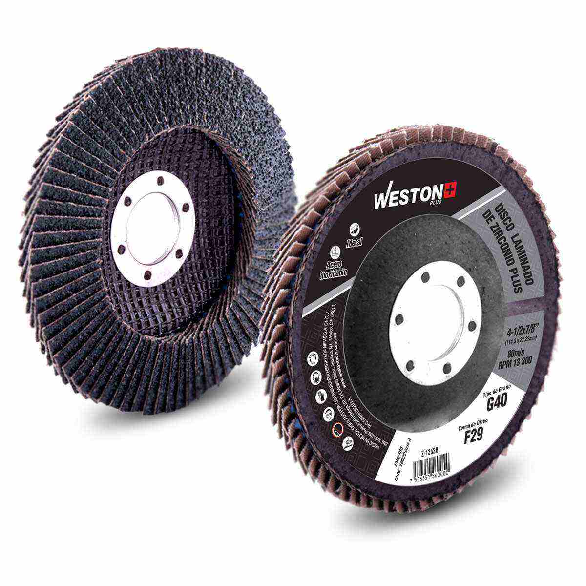 Disco laminado zirconia grano 40 de 4-1/2 pulgadas con respaldo de fibra de vidrio, ideal para desbaste pesado, tratamiento de cordones de soldadura, cantos y biselado en aplicaciones industriales.